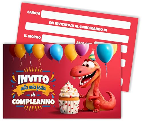 GHIBLI Biglietti Invito compleanno dinosauro per bambini in italiano. Set 20 inviti per festa di compleanno bambino a tema dinosauri con recapiti per conferma partecipazione alla festa del bimbo