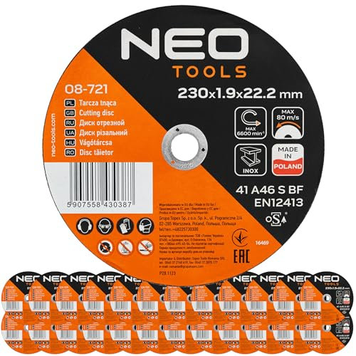 NEO TOOLS Lot de 25 disques à tronçonner Ø 230 x 1,9 mm x 22,23 mm | Inox et acier – Métal acier inoxydable – Disque flexible pour meuleuse d'angle – Disque à ébarber max. 6600 tr/min – 80 m/s