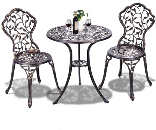GOPLUS 3 delar Bistroset, Ø 60 cm bistrobord med 2 stolar, trädgårdssats, balkongset av gjuten aluminium, balkongmöbler, trädgårdsmöbelset, sittgrupp, antik för trädgård, balkong, gård, terrass, pool