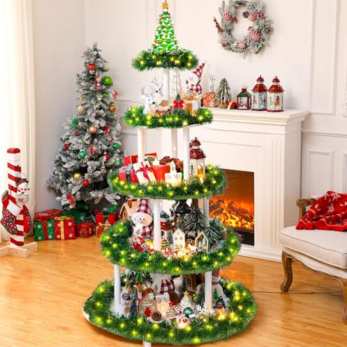 Barydat Christmas Village Display Tree Stand 5 Tier 59 Inches Christmas Display Shelves with Snow Blanket Garland Xmas Tree Wooden Holder for Holiday
