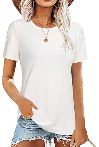 Aottori Maglietta Donna Manica Corta Girocollo Maglia Cotone Elegante Basic T-Shirt Leggero Top Elasticizzato Casual Tee Shirt Tinta Unita Bianco L