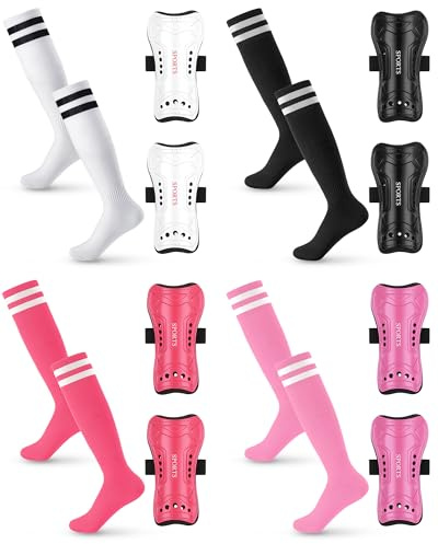 Toulite 4 Sets Soccer Shin Guards and Socks for Youth Kids, Soccer Shin Pads Long Socks for 7-15 Year Old Child, Gear Football Equipment for Boys Girls Toddlers Teenagers(White Black Rose Red Pink)