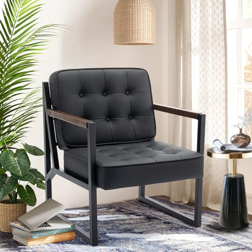 COLAMY Ohrensessel Sessel Wohnzimmer, Leder Accent Chair, Mid Century Modern Kunstleder Empfangssessel mit Metallbeinen für Wohnzimmer Schlafzimmer Empfangsraum Wartezimmer, Schwarz