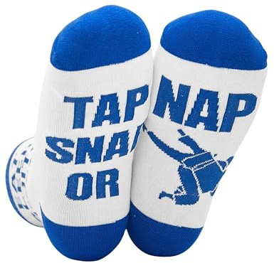 INNObeta Jiu Jitsu Gifts: Brazilian Coach & Blue Belt Socks, Kids Novelty Socks - One Size Crew, Tap Snap or Nap