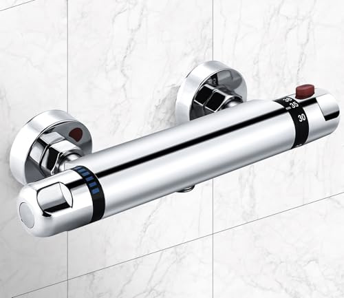 Rubinetto per doccia con termostato, miscelatore termostatico, termostatico, doccia a parete, con pulsante di sicurezza a 38 °C, miscelatore termostatico, rubinetto doccia in ottone