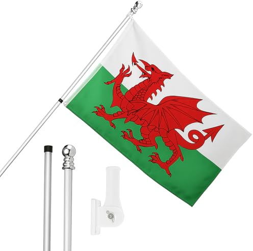 Wales Flag, Flagpole and Wall Mount Set - 5ft x 3ft Flag with Grommets, Extendable Pole and Mount - Welsh Sports Supporter National Pride Indoor Outdoor Decoration