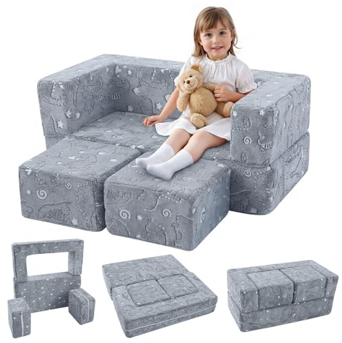 MeMoreCool Dinosaur Glow Foam Kids Play Couch Set, Gray Modular Sofa & Lounger – Glow-After-Light Dinosaur Pattern, Machine-Washable Cover