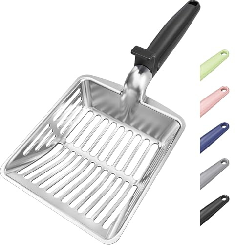 KooMooM Metal Cat Litter Scoop, Large Cat Scooper with Deep Shovel & Dual Sifting Holes for Fast & Precise Sifting, Space Aluminum Kitty Litter Scooper with Long Handle & Easy-to-Hang Hook - Black