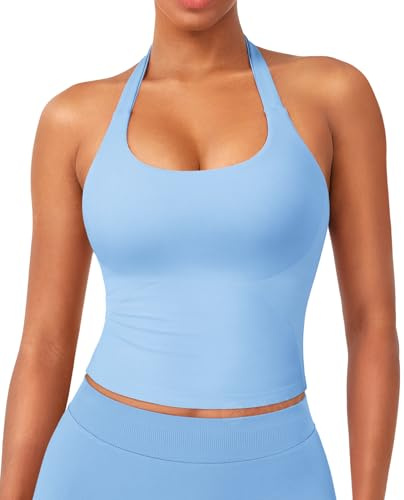 ZAAYO Impact Halter Neckline Canottiera da donna Longline Backless Scoop Imbottita Crop Top Sport Training Basic Sexy Estate Top, Blu arioso, L