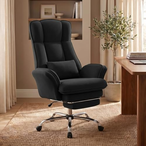 Hawthyhome Office Chair, Wide Seat for Cross-Legged Sitting, Ergonomic High-Back Reclining with Footrest, Flip-Up Armrests, Executive Swivel Gaming Chair, Soft Velvet Fabric, Black