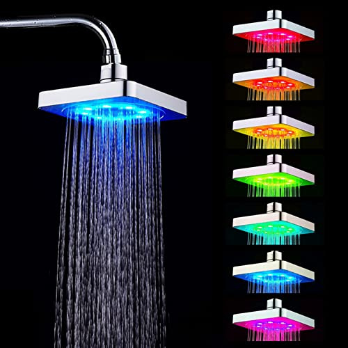 Cabezal de Ducha LED, 6 Pulgadas Cuadrado Lluvia de Techo Alimentado por Agua 7 Colores Cambiantes Luz Automática Cromo Rociador de Alta Presión