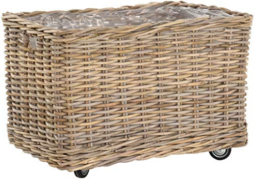Großer Pflanzkorb Rattan grau XXL Pflanzkübel Blumentopf mit Rollen Rollkorb Rattankorb (Grau Natur, Rechteckig Klein)
