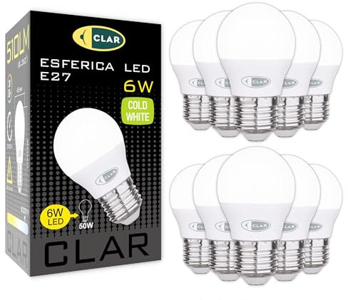 CLAR - Bombilla LED E27 Pequeña 6W E27, Equivalente a 40-50W E27 Bombilla LED (Casquillo Gordo), No Regulable, 6W Luz Fría 6000ºK (Pack 10)