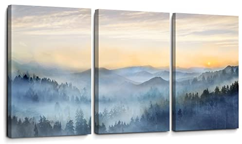 Wall Decor for Bedroom 3 Panel Sunrise Misty Forest Print Picture Paintings Wall Art for Living Room Bathroom Framed Canvas Artwork Modern Room Wall Decorations Size 16x24 x 3 Piece Ready to Hang