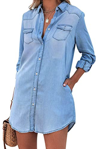 Minetom Jeans Kleider Damen Blusenkleid Hemdkleid Shirtkleid Tunikakleid Jeanskleid Langes Hemd Knopf Langarm Denim Mini Kleid B Blau S