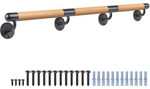 Dolibest 300cm Main Courante en Bois, Rampe d'escalier Bois en Hêtre Ronde 3.8cm Poignée de Sécurité Barre d'escalier avec Support Intérieur Murale Balustrade pour Enfant/Handicapée/Personnes âgées