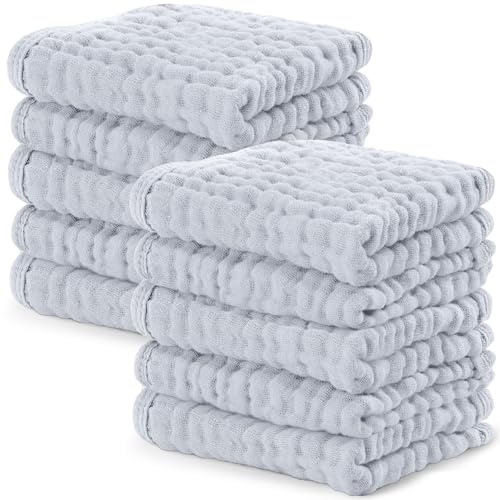 Bekväma ungar muslin baby tvättlappar 10-pack – mjuka 6-lagers bomullstvättdukar för känslig hud – 25 cm x 25 cm stora, skonsama, absorberande nödvändigheter för nyfödda och småbarn – skiffer