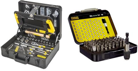 STANLEY Valise de Maintenance - 142 Pièces - Pinces et coupe-touts, clé à molette, niveau & Coffret de 61 Embouts 1/4 (25mm) + mallette - Porte Douille Adaptateur 50mm - Porte embout magnétique 60mm