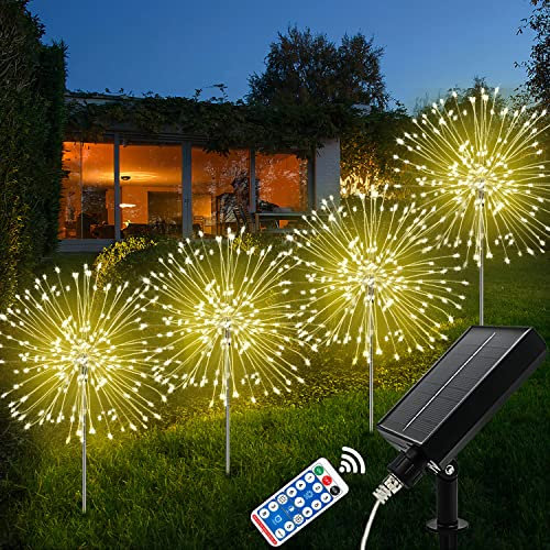 Luci Solari per Giardino, 4 Pezzi 120 LED Lucine da Esterno Energia Solare Fuochi D'artificio IP65 Impermeabile 8 Modalità Decorative Lampade per Vialetto Prato Aiuola Feste, Bianco Caldo
