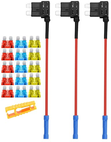 Aiqeer 3 Pezzi 12V / 24V Medio Add-a-Circuit Portafusibili, Adattatore Fusibili Auto con 16 AWG Cavo, Gratuito 15 Pezzi Fusibili a Lama Standard e Estrattore di Fusibili (Terminale a Crimpare)