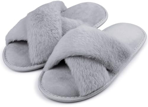 riemot Chaussons Femme Pantoufles en Mousse à Mémoire de Forme Antidérapantes et Confortables Chaussons Femme Hiver Pelucheuses Pelucheuses Bout Ouvert Slippers Pour Intérieur/extérieur,Grey,EU40-41