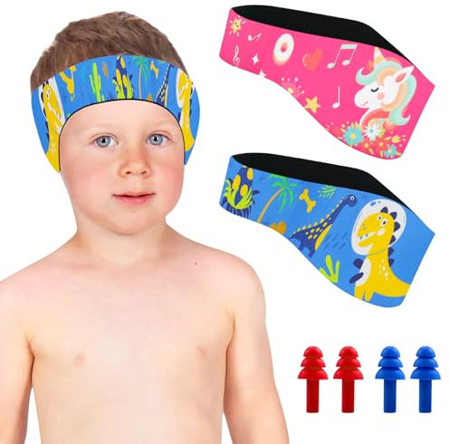Capgoost Schwimmen Stirnband Kinder, 2 Stück Neopren Schwimmband mit Ohrstöpsel, Schwimm Ohrenschutz, Ohrenband Wasserdichtes Kopfband, Schwimmstirnbänder, Klettverschluss Ohrenschutz Band für Kinder