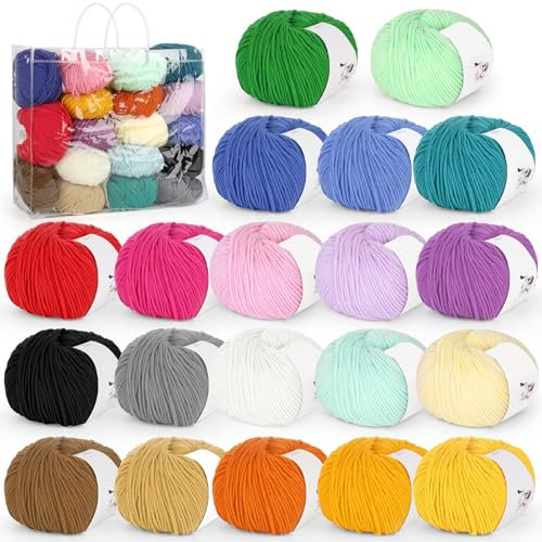 Katech 20 * 50g(1000g) Häkelgarn, 20 Verschiedenen Farben Strickgarn zum Häkeln und Stricken, Baumwollgarn für Häkelnadeln 2,0/2,5mm, Wolle für Stricknadeln 2,5/3,0mm, Häkelwolle Set mit Handtasche