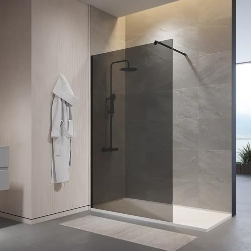 Box Doccia Walk-In 70 cm Altezza 200cm Parete Fissa Vetro Temperato Fumé da 10mm con Trattamento Anticalcare Braccio Telescopico SUS304 Profili Alluminio Nero Opaco
