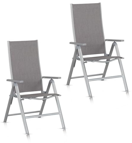 KHG Gartenstuhl Hochlehner 2er Set Alu Klappstuhl, 8-Fach verstellbare Rückenlehne mit Armlehne, Silber Grau wetterfest rostfrei, 120 kg belastbar, Balkonstuhl, vormontiert, Kunststoff Gewebe