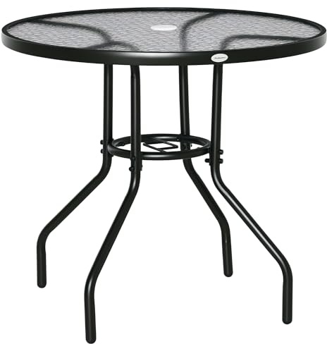 Outsunny Table à Manger de Jardin, avec Trou de Parasol, Table extérieure Ronde avec Plateau en Verre trempé, pour Jardin, Patio, terrasse, Ø 80 x 72 cm, Noir