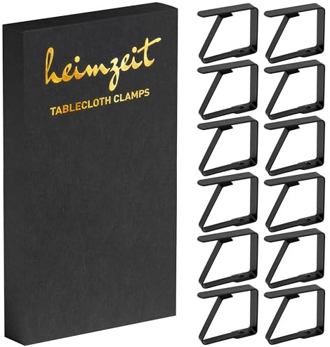heimzeit Pinzas para Sujetar Manteles de Acero Inoxidable [12 Piezas, 6,5 cm] Color: Negro, Sujetamanteles para Uso Exterior e Interior, Pinzas para Mesas con un Grosor máximo de 3-5 cm