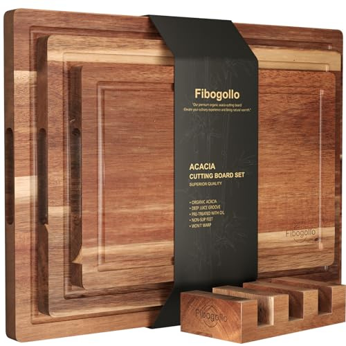 Fibogollo Acacia Wood Cutting Boards for Kitchen(Set of 3),Wooden Chopping Boards Set with Juice Groove, Large Chopping Board with Holder,Butcher Block for Meat,Vegetables,Fruit