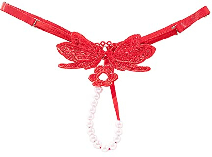 Grand string réglable avec perles brodées à l'entrejambe ouvert pour femme, rouge, taille unique
