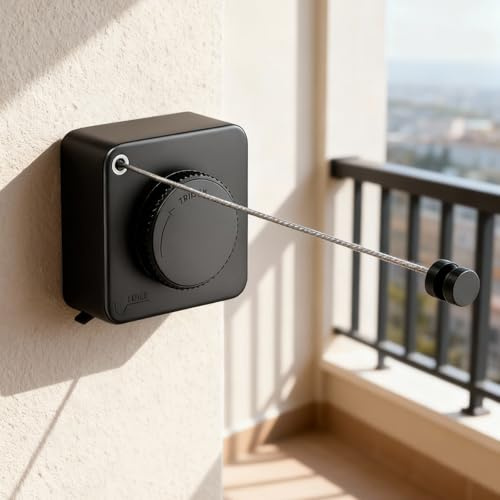 Retractable Washing Line, 4.6m – Non-Sagging Clothes Line, ABS Case & Stainless Steel Line (Drill & Drill-Free Installation) – For Indoor & Outdoor Use (Black)