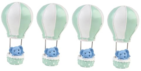DECOMELODY Lot de 4 Décorations de Gâteau Non Comestibles en Résine Éléphants et Montgolfières Vertes Décoration d'Anniversaire pour Garçon et Filles Accessoires Créatifs pour Fête et