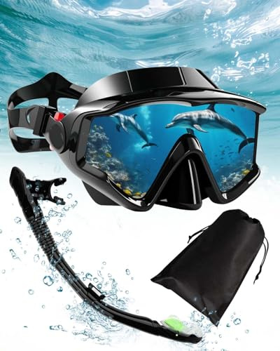 Lorrtta Adult Snorkel Set with Dry Top System, 180° Panoramic Tempered Glass Snorkel Mask, Anti-Fog Snorkeling Gear for Adults Men & Women – Black