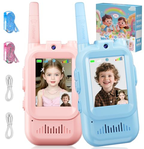 Dr. RiaoRiao Talkie Walkie Enfants avec Caméra et Vidéo, Appairage Automatique, Double Écran HD 2.0 Pouces, USB-C Rechargeable pour Enfant 3-12 Ans Anniversaire Cadeaux de Pâques (Rose+Bleu)