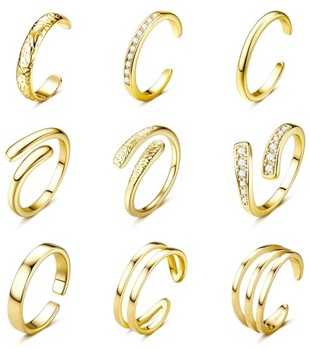 Chriscoco 9PCS Gold Toe Rings for Women Adjustable Open Toe Ring Set | Non Tarnish,Hypoallergenic,Silver,Open Pinky Rings,14K Gold Plated Band,Simple CZ Band,Summer Beach Foot Jewellry for Women