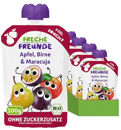 FRECHE FREUNDE Bio Quetschie Apfel, Birne & Maracuja, Fruchtmus mit Obst im Quetschbeutel für Babys ab dem 6. Monat, vegan, 6er Pack (6 x 100g)