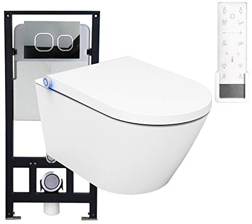 BERNSTEIN - Pack WC japonais + Bâti-support plaque Noir mat, Toilettes suspendu lavant céramique + télécommande, jet douche, séchoir air chaud, filtre à odeurs, Chasse 180°, 59x38x38cm - Pro+1102