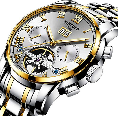 QZPM Herrenuhren Tourbillon Edelstahl Wasserdicht Chronographen Multifunktion Analog Datum Kalender Mechanische Uhren,Silber