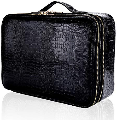 JOURMON Travel Makeup Train Case,Large Capacity Cosmetic Bags for Women,Portable Makeup Bag Organizer with Adjustable Dividers & Shoulder Strap (Crocodile Pattern Black, L)