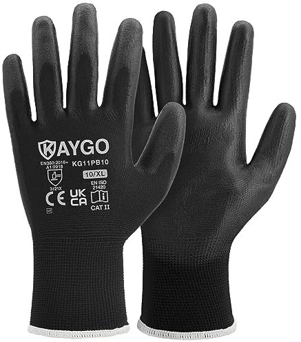KAYGO 12 Paar Arbeitshandschuhe für Herren Damen, PU beschichtet Schutzhandschuhe, antirutsch Griff an Handflächen und Fingern, Geeignet für DIY allgemeine Arbeit Gartenarbeit (Schwarz, XL, Gr 10)