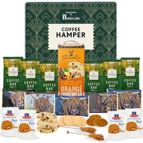 Hattie’s Gifts Luxury Coffee Hamper - Premium Artisan Coffee Gift Set with Chocolate Orange Shortbread, Stroopwafels, All Butter Biscuits & Swizzle Sticks - Gourmet Gift for Men & Women