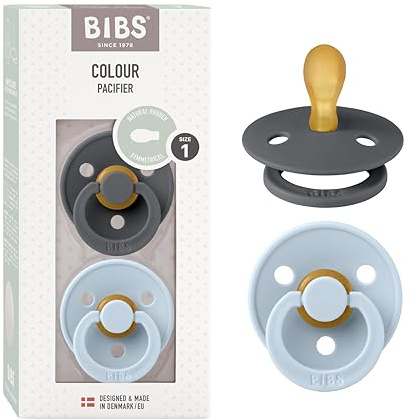 BIBS Colour Symmetrical Soother 2-Pack, BPA Free Dummy Pacifier, Symmetrical Nipple. Natural Rubber Latex, Made in Denmark. 0-6 Months (Pack of 2), Iron/Baby Blue