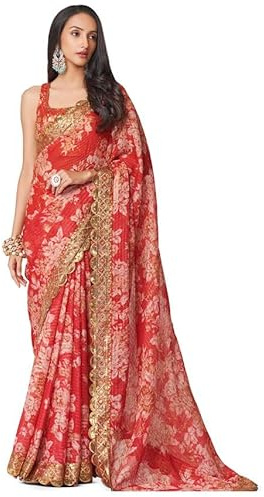 Ready to Wear Sister Wedding Wear Sari South Indian Women's Worked Saree with Stylish Blouse (Choice 7, 8 US Medium (Chest-40 Waist-36))