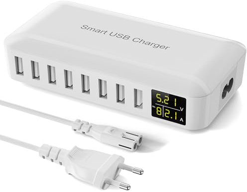 Rsydmny Cargador USB de 8 Puertos, Estación de Carga USB con LED Pantalla, Cargador Móvil Rápido para iPhone 15/14/13/Pro/Max, iPad, Samsung Galaxy S23/S22, Xiaomi - Blanco