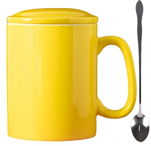 KOPYFANTAP Große Keramikbecher 1 Liter mit Deckel & Löffel, Gelb