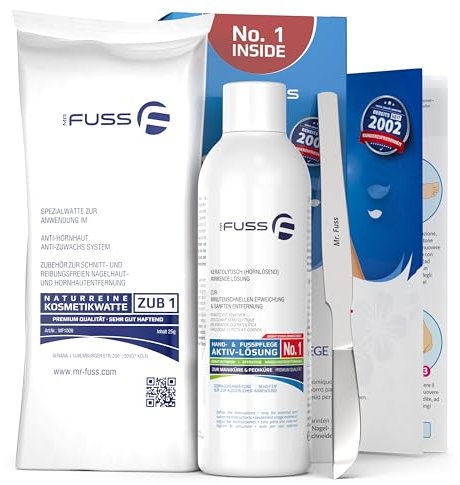 Mr. Fuss® No. 1 - Plus Pack Steel Classic Fußpflege Hornhautentferner Nagelhautentferner Sparpaket 3 tlg., Aktiv-Lösung Schnell & Stark Erweichend - Standard, 200 ml, Watte, Hornhautschaber