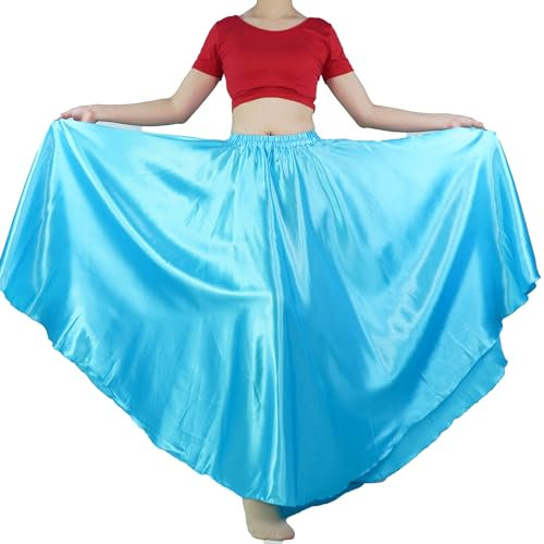 MUNAFIE Damen Lang Satin Rock Bauchtanz Rock Tanzrock Bauchtanz Kostüm für Leistung Karneval Hell Blau